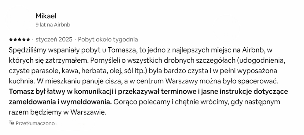 Opinia gościa na Airbnb — Mikael