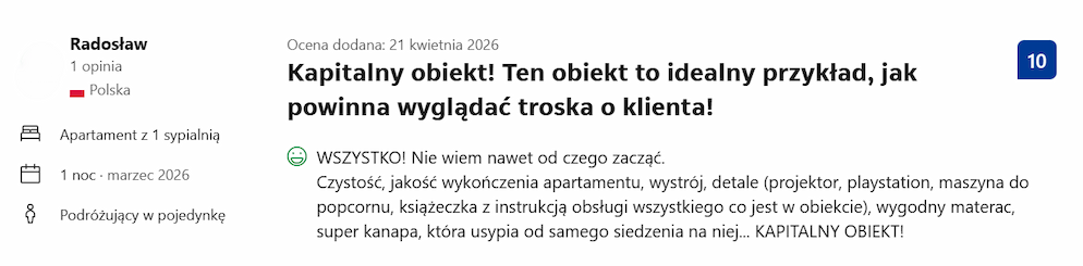 Opinia gościa na Booking, ocena 10 — Radosław