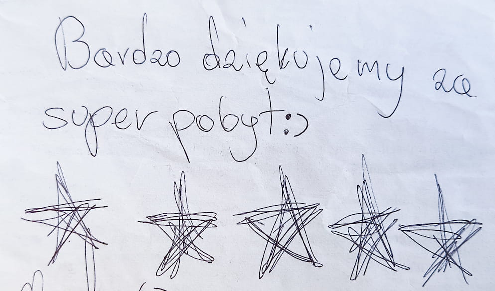 Odręczny liścik z podziękowaniem od gości